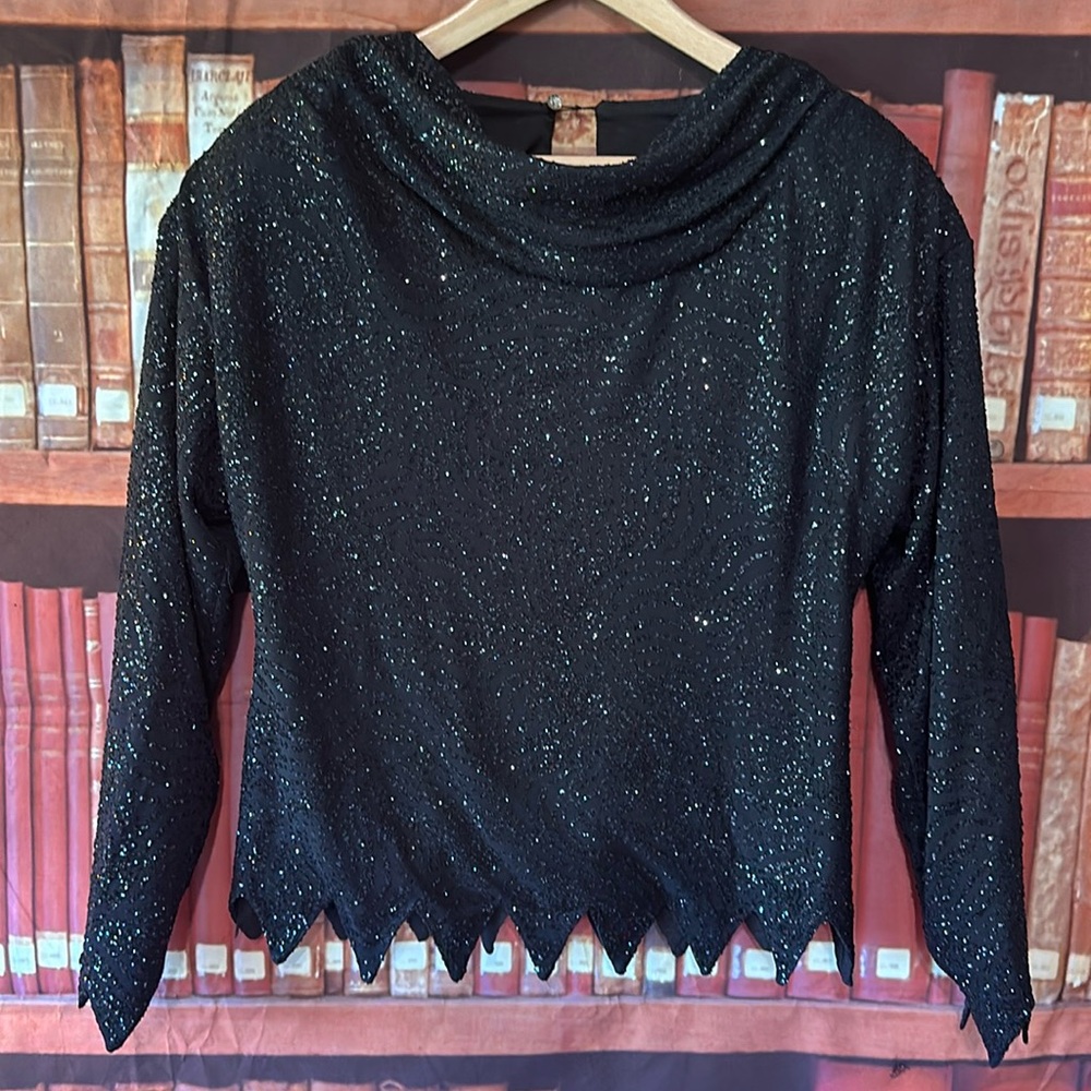 Amazing Vintage Black Sparkling Glitter design Pointed hem top OS